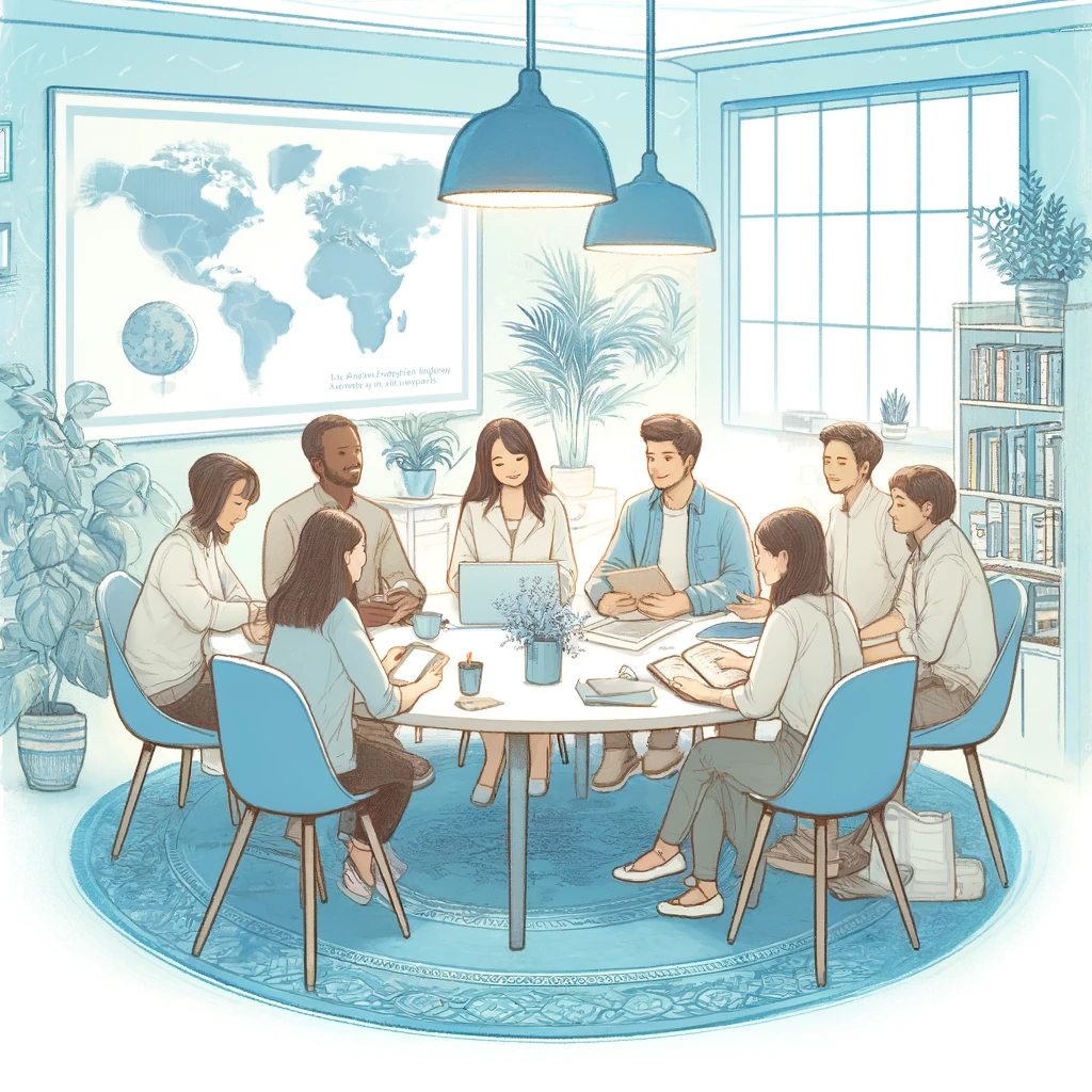 A soft and inviting illustration suitable for an 'About' page of an intercultural trainer's website, enhanced with more blue tones. The image should depict a diverse group of people (Asian, Caucasian, African, Hispanic) sitting around a round table, engaging in a lively discussion with books, laptops, and digital tablets on the table. The office space is bright and modern, with plants and world maps on the walls, prominently featuring blue elements like blue chairs or blue decorative items. The drawing style is gentle and uses pastel colors with a focus on shades of blue.